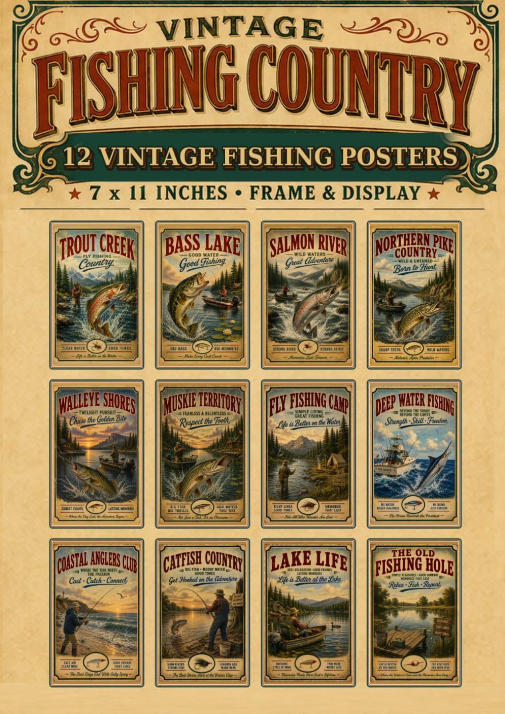 capítulo por capítulo baixar Vintage Fishing Country: 12 Wall Art Fishing Posters — Classic Angling Wall Art Featuring Trout, Bass, Salmon, Pike, Walleye, Muskie, Catfish & More (12 Posters to Frame & Display)