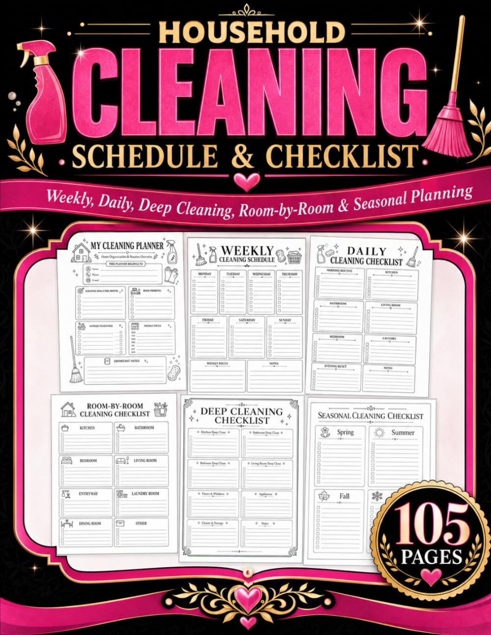 ler totalmente Cleaning Schedule & Checklist: Daily, Weekly, Monthly, Room-by-Room, Deep Cleaning, Seasonal Tasks, Supplies, Decluttering, and Notes