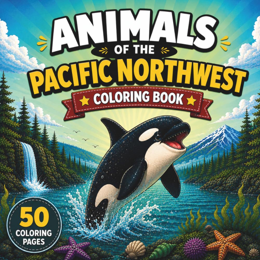 Animals of the Pacific Northwest Coloring Book: 50 Fun and Easy Coloring Pages Featuring Orcas, Forest Wildlife, and Ocean Animals for Kids Ages 4–8, ... for Boys and Girls (Animals Coloring Books)