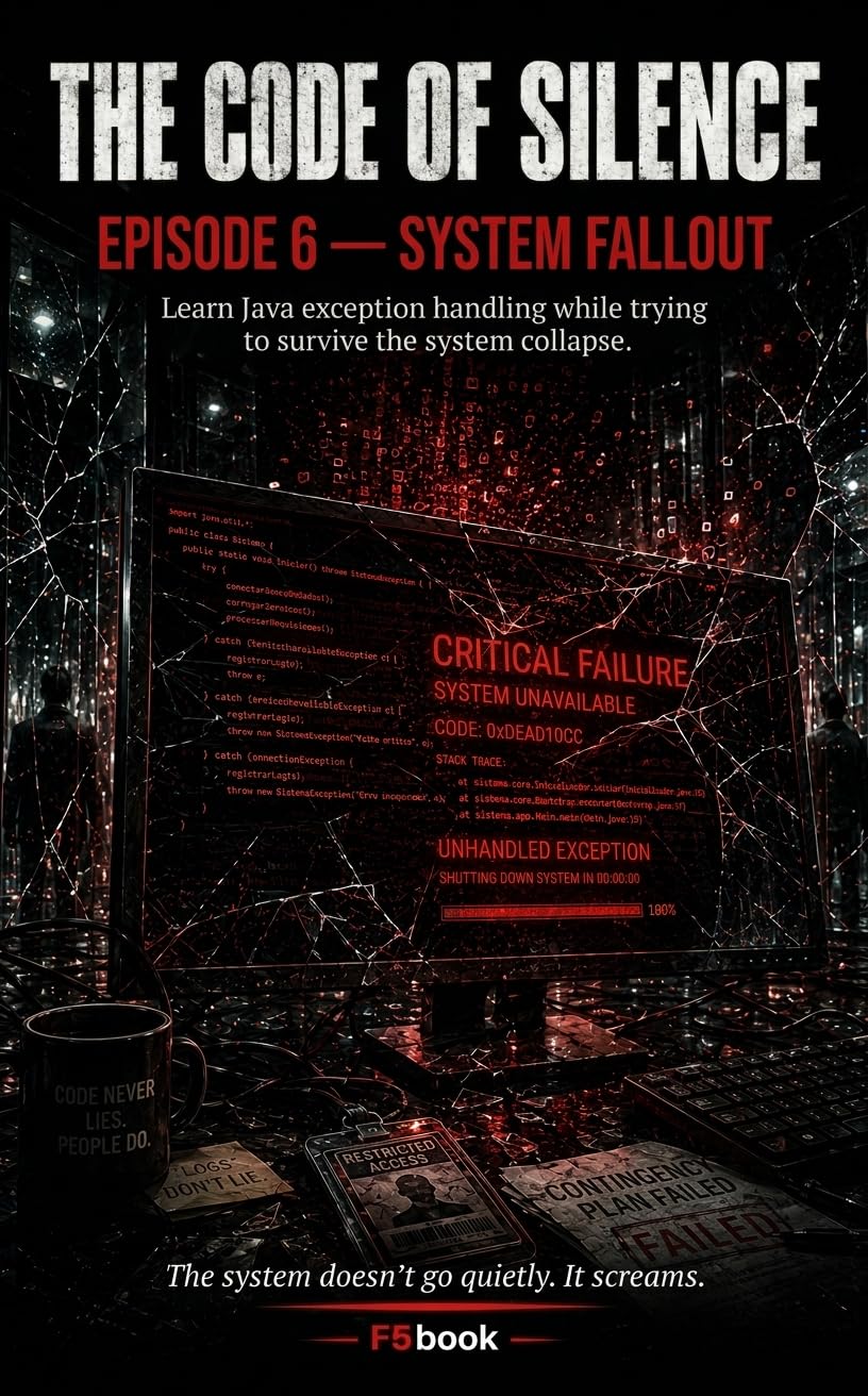 ler totalmente The Code of Silence: The System Crash: A Java Gamebook for Beginners — Learn Exception Handling by Solving a Mystery (English Edition)