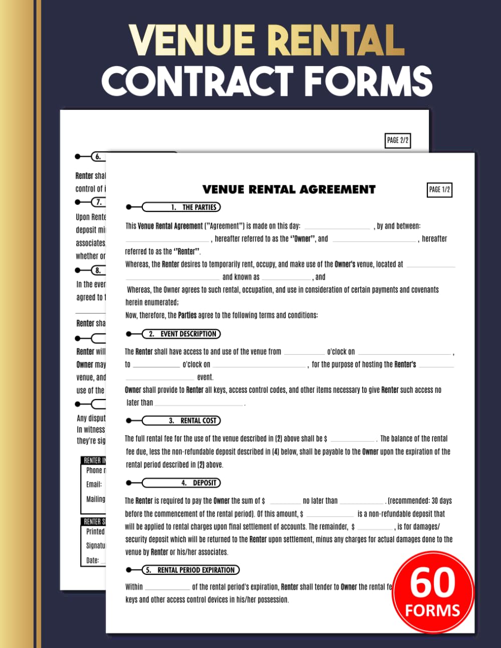 ler totalmente Venue Rental Contract Forms: 60 Event Space Booking Agreement Between Owner & Renter for Clear Terms and Conditions | 120 Two-Sided Pages