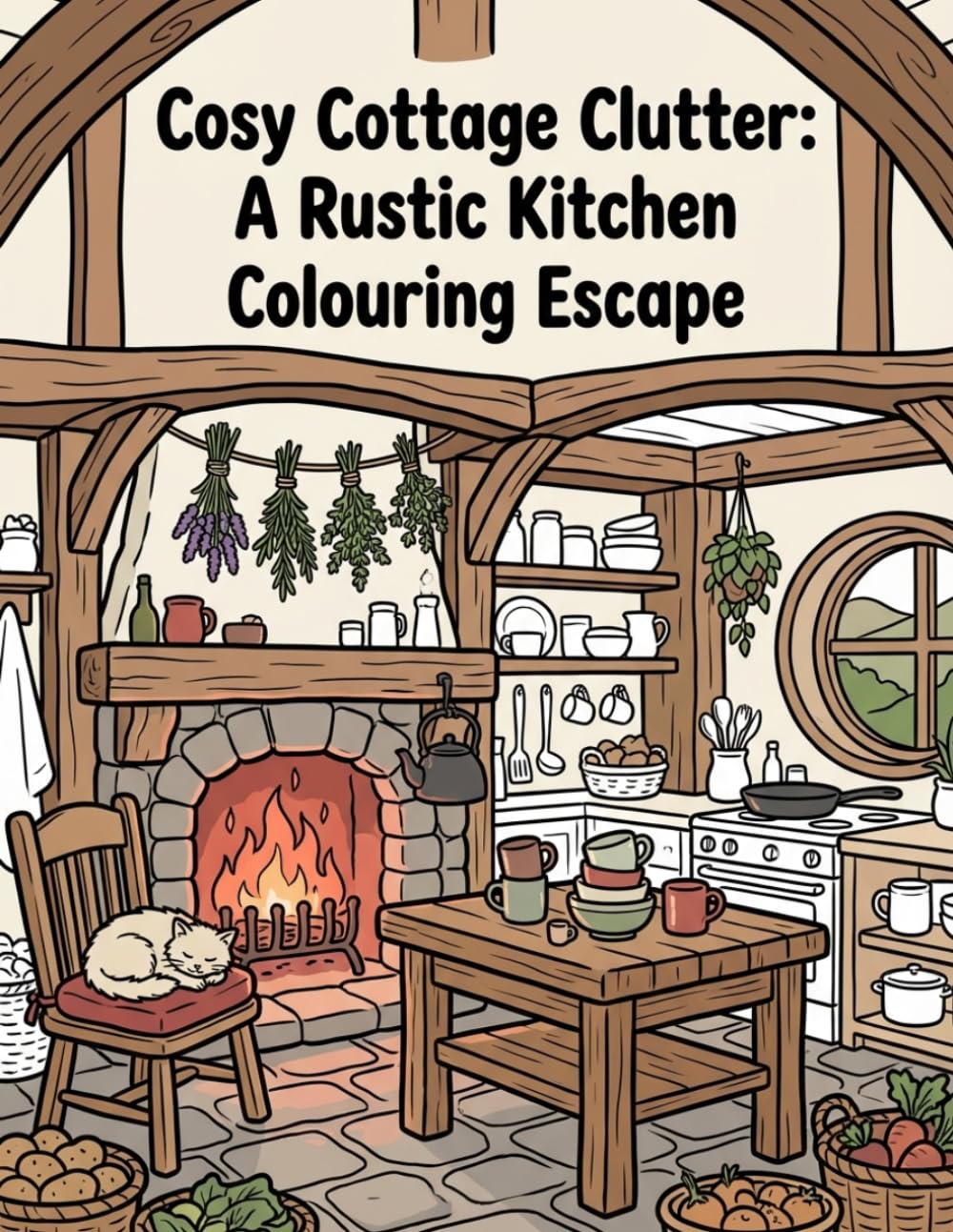 Cosy Cottage Clutter: A Rustic kitchen Colouring Escape