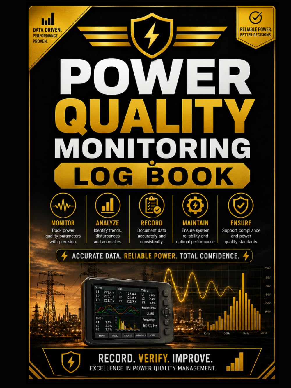 ler totalmente Power Quality Monitoring Log Book: Professional Electrical Power Quality Record for Voltage, Current, Frequency, Power Factor, Harmonics, THD, Disturbances and System Performance Monitoring