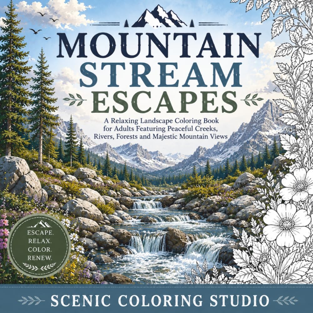 ler totalmente MOUTAIN STREAM ESCAPES: A Relaxing Landscape Coloring Book for Adults Featuring Peaceful Creeks, Rivers, Forests and Majestic Mountain Views