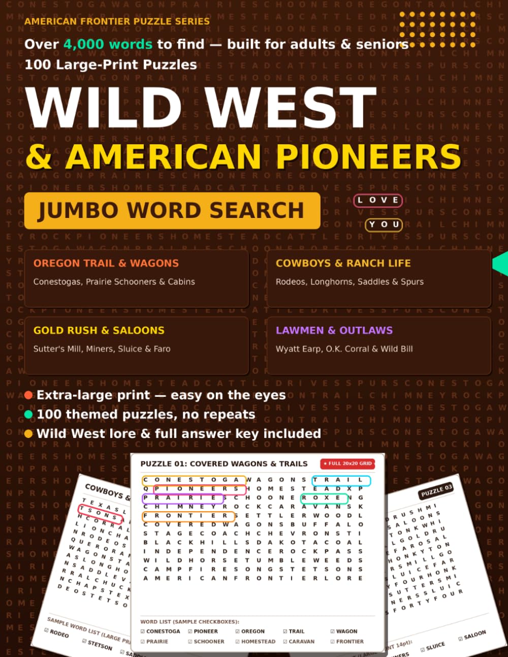 ler totalmente 4000 Wild West & American Pioneers Word Search for Adults & Seniors: 100 Large Print Puzzles: Over 4,000 Words Celebrating the Oregon Trail, Cowboys,... Large Print Word Search Collection)