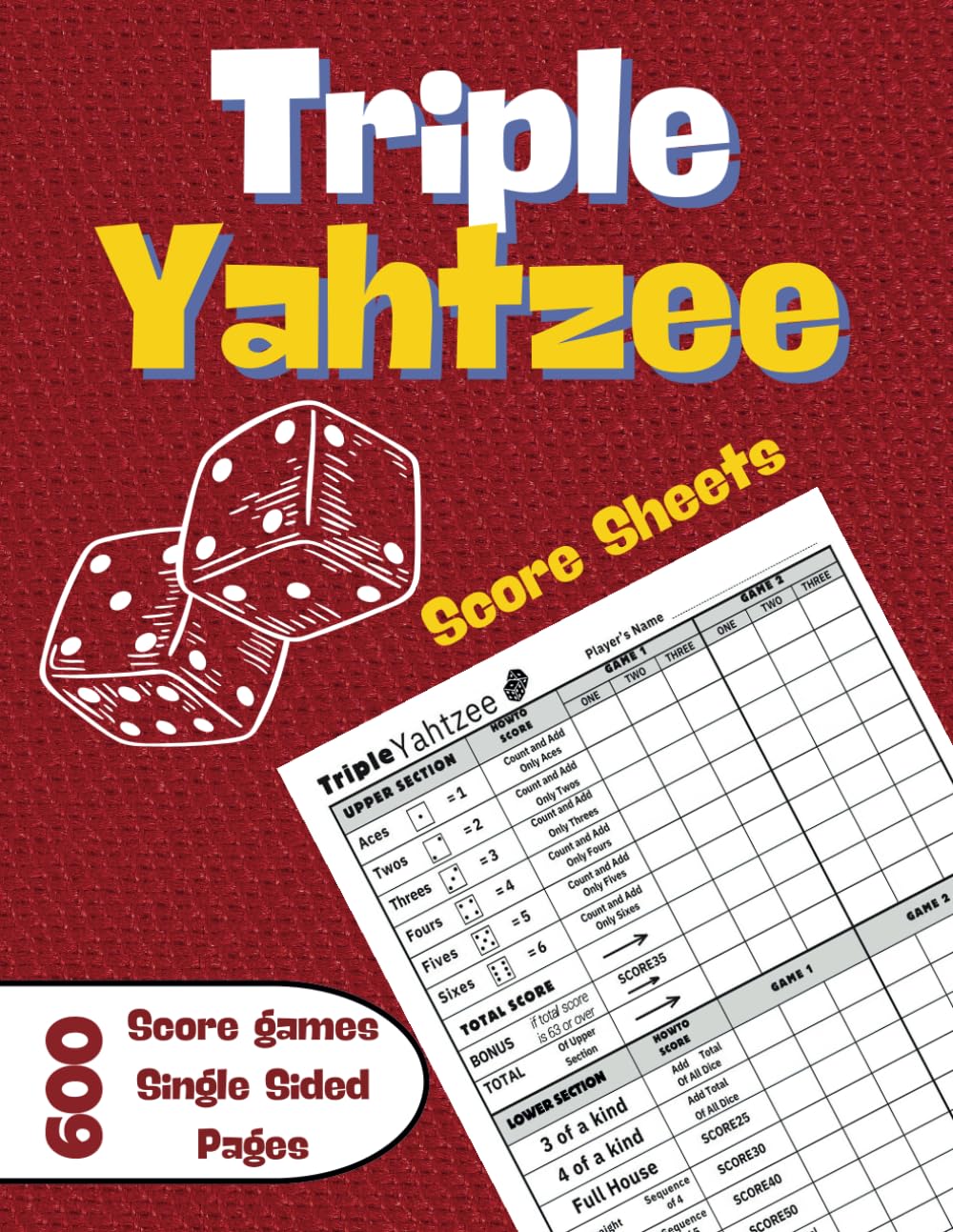 ler totalmente Triple Yahtzee Score Sheets: 8.5 x 11 inches Large Print Score Book, 202 Pages Single Sided for Record Keeping