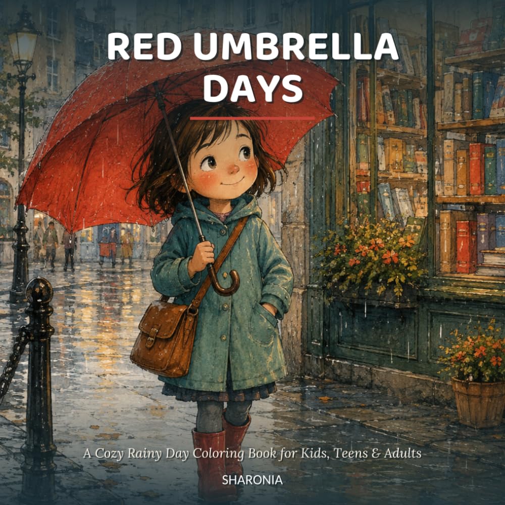 ler totalmente Red Umbrella Days: A Cozy Rainy Day Coloring Book for Kids, Teens and Adults with Cute Animals and Calm Cozy Scenes
