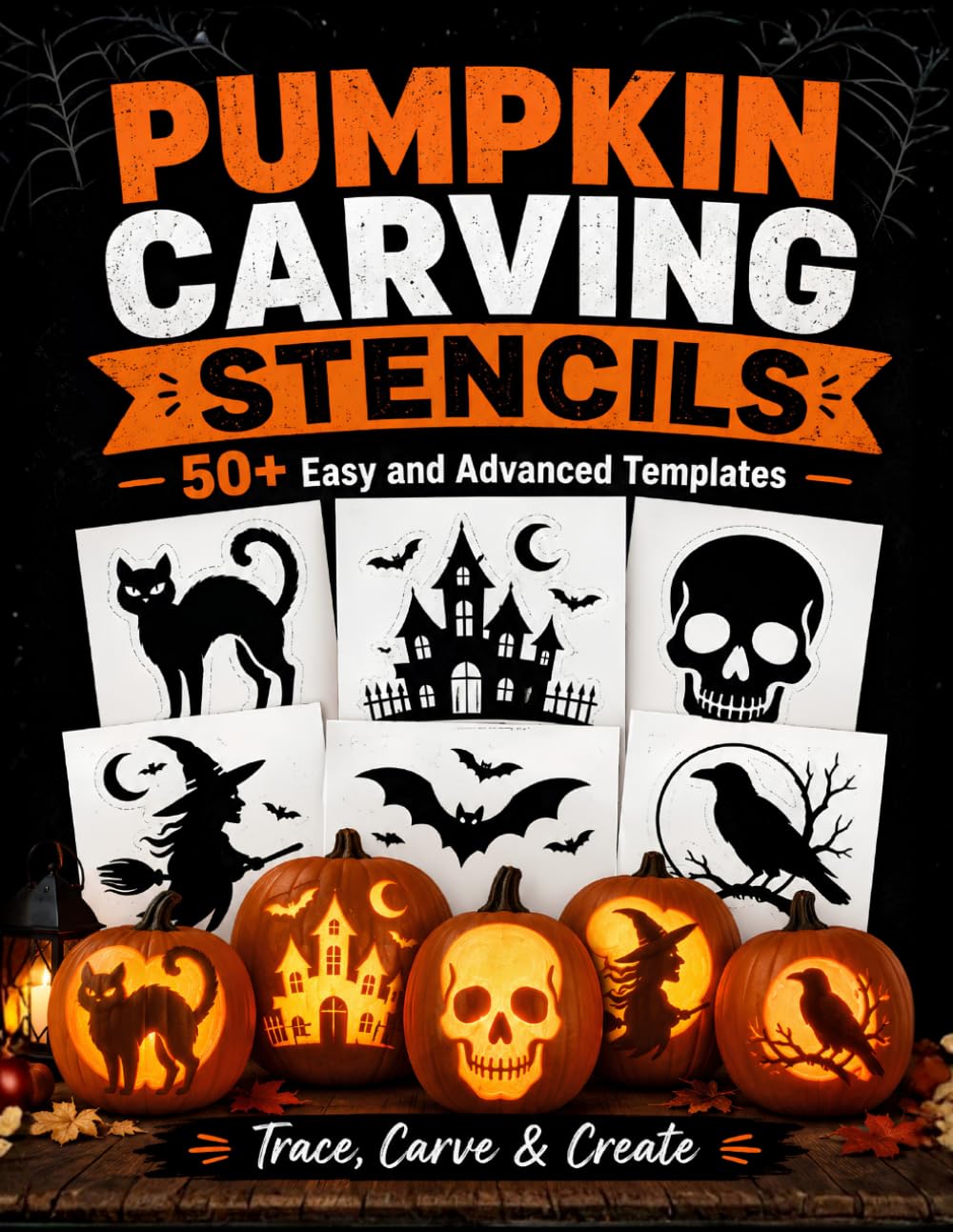 ler totalmente Pumpkin Carving Stencils: 50+ Funny and Spooky Templates for Jack-o’-Lanterns, Halloween Crafts, and Decorations | Easy and Advanced Patterns for Adults, Teens, and Kids