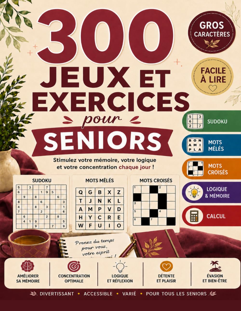 ler totalmente 300 Jeux et Exercices pour Seniors: En gros caractères pour stimuler la mémoire, la logique et la concentration (French Edition)