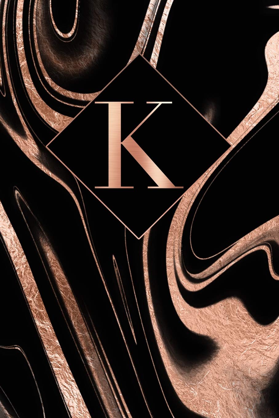 K: Letter K Journal, Rose Gold Swirls on Black, Personalized Notebook Monogram Initial, 6 X 9