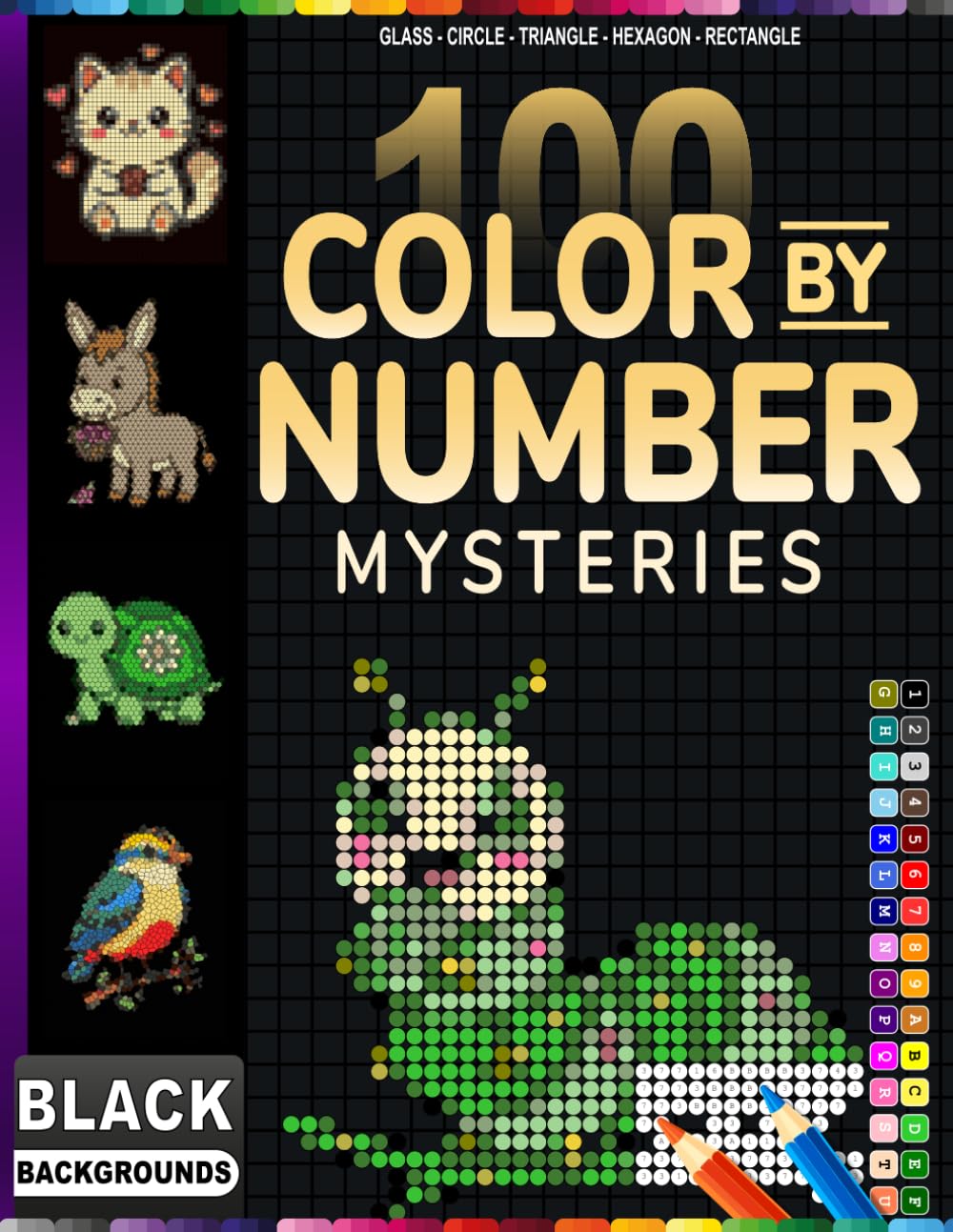 100 Color BY Number Mystery Mosaic: 5 Unique Shapes: Glass, Circle, Triangle, Hexagon & Rectangle — 100 Mystery Mosaic Pages with Master Color Palette on Black Backgrounds baixar o livro de graça