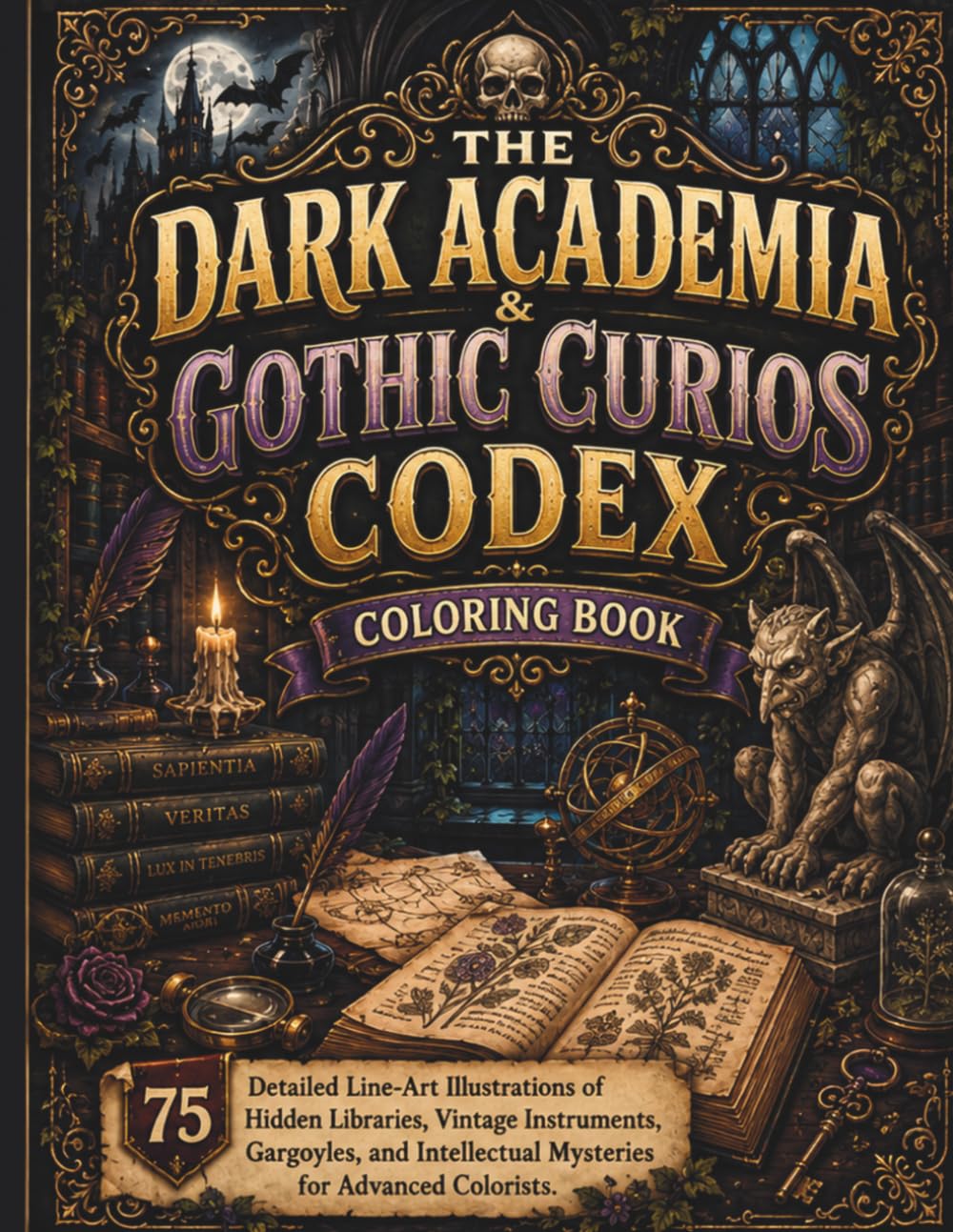 capítulo por capítulo baixar The Dark Academia & Gothic Curios Codex: 75 Detailed Line-Art Illustrations of Hidden Libraries, Vintage Instruments, Gargoyles, and Intellectual Mysteries for Advanced Colorists