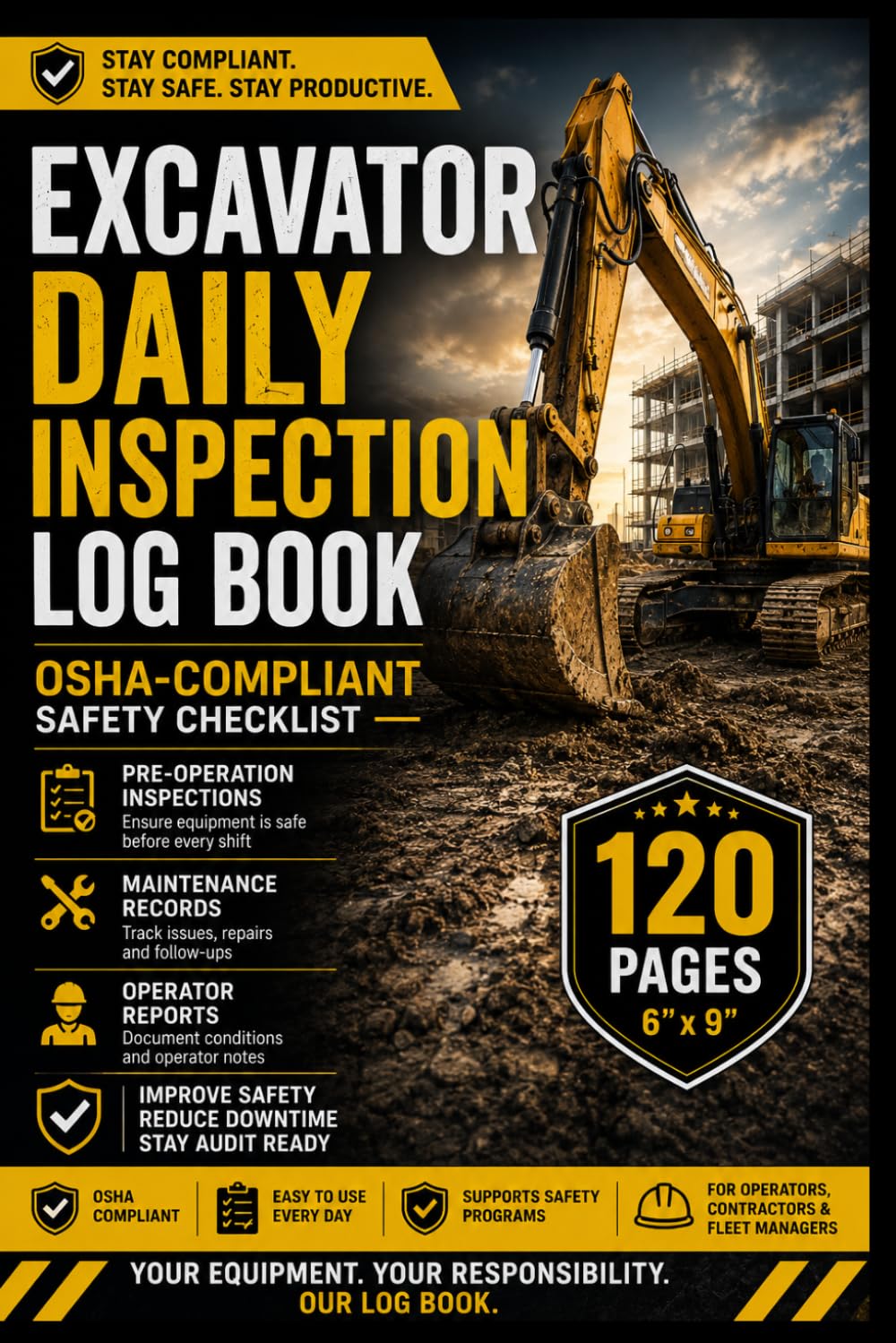 ler totalmente Excavator Daily Inspection Log Book OSHA-Compliant Safety Checklist | 120 Pages for Pre-Operation Inspections, Maintenance Records & Operator Reports (6×9)