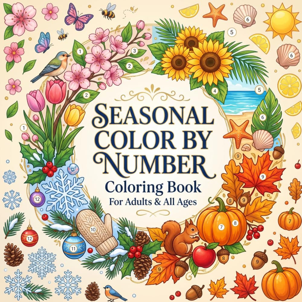 ler totalmente Seasonal Color by Number Coloring Book: Spring, Summer, Autumn & Winter Designs with Easy Numbered Pages for Relaxation, Creativity and Stress Relief