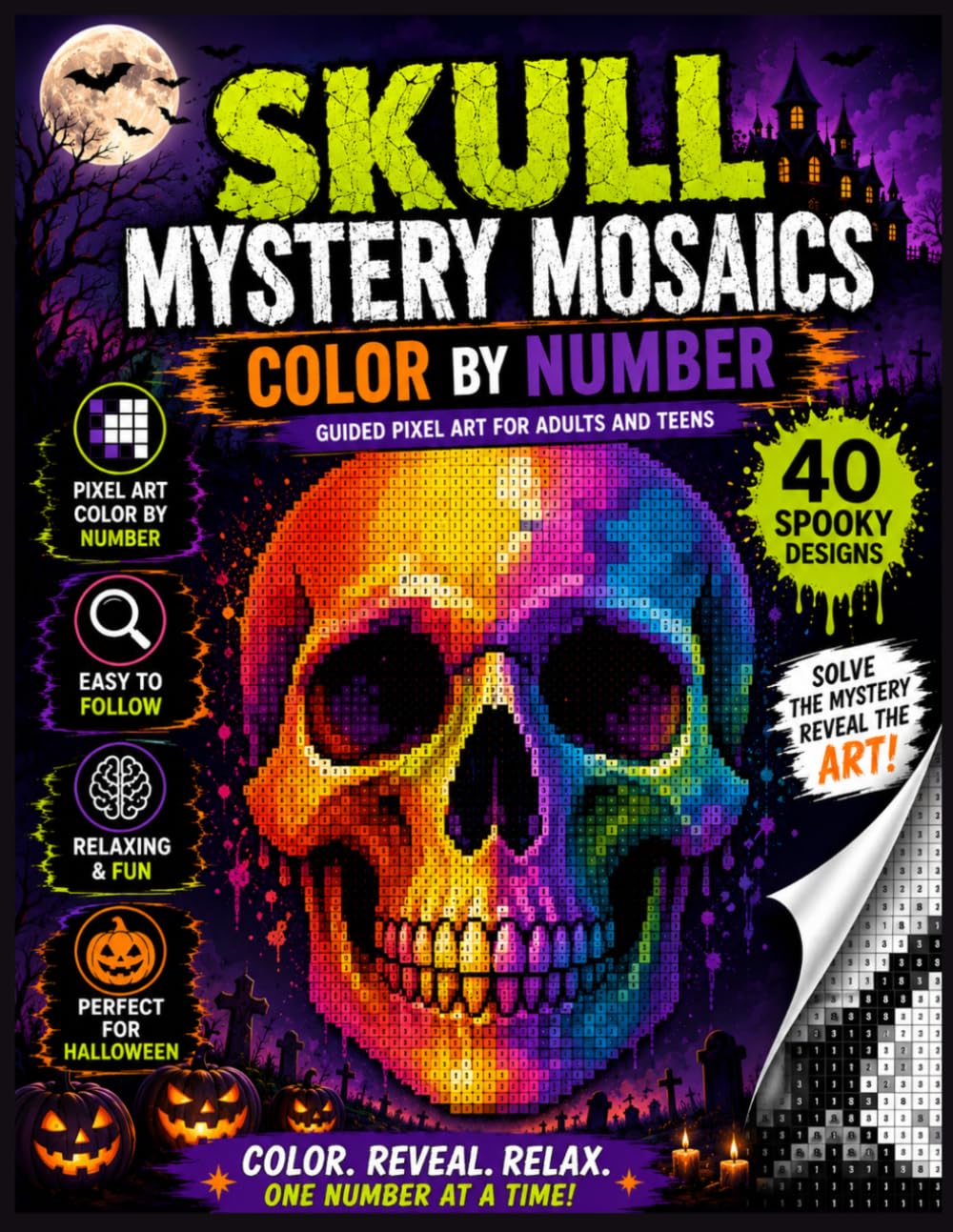 ler totalmente Skull Mystery Mosaics Color by Number: Reveal Hidden Halloween Skull Artwork Through Relaxing Pixel Art Number Coloring for Adults and Teens