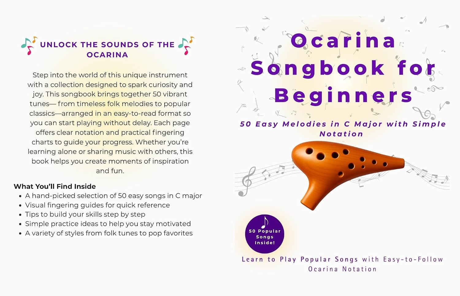 Ocarina Songbook for Beginners: 50 Easy Melodies in C Major with Simple Notation and Fingering Charts – Learn to Play Folk, Pop, and Traditional Songs (English Edition)