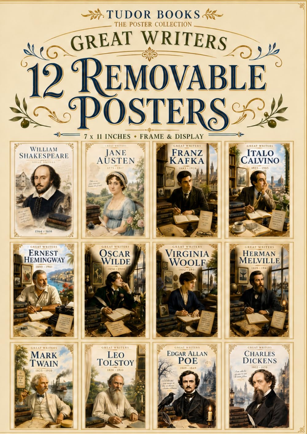 Great Writers – 12 Removable Posters: Timeless Literary Portraits of Shakespeare, Jane Austen, Kafka, Hemingway, Wilde, Woolf, Melville, Twain, Tolstoy, Poe, Dickens & Calvino baixar livro de graça