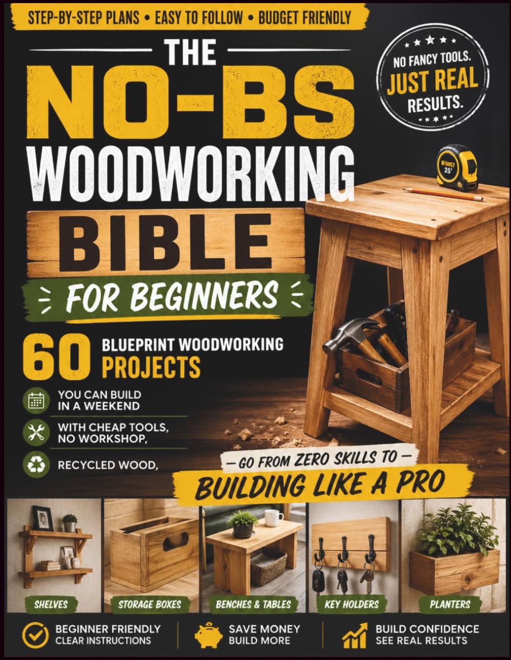 ler totalmente The No-BS Woodworking Bible for Beginners: 60 Blueprint Woodworking Projects You Can Build in a Weekend with Cheap Tools, No Workshop, Recycled Wood -Go from Zero Skills to Building Like a Pro