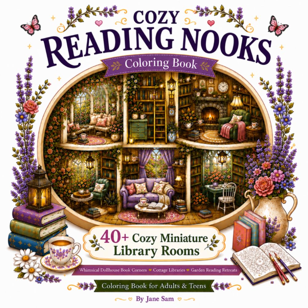 Cozy Reading Nooks Coloring Book for Adults & Teens: 40+ Charming Miniature Libraries for Relaxation, Creativity & Stress Relief baixar o livro de graça