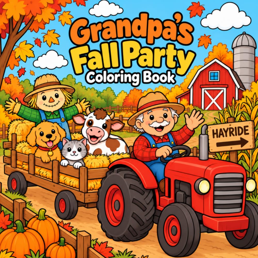 ler totalmente Grandpa's Fall Party Coloring Book: A Cozy Autumn Farm Coloring Book for Kids Featuring Hayrides, Pumpkins, Farm Animals, Tractors, Fall Fun and Family Traditions