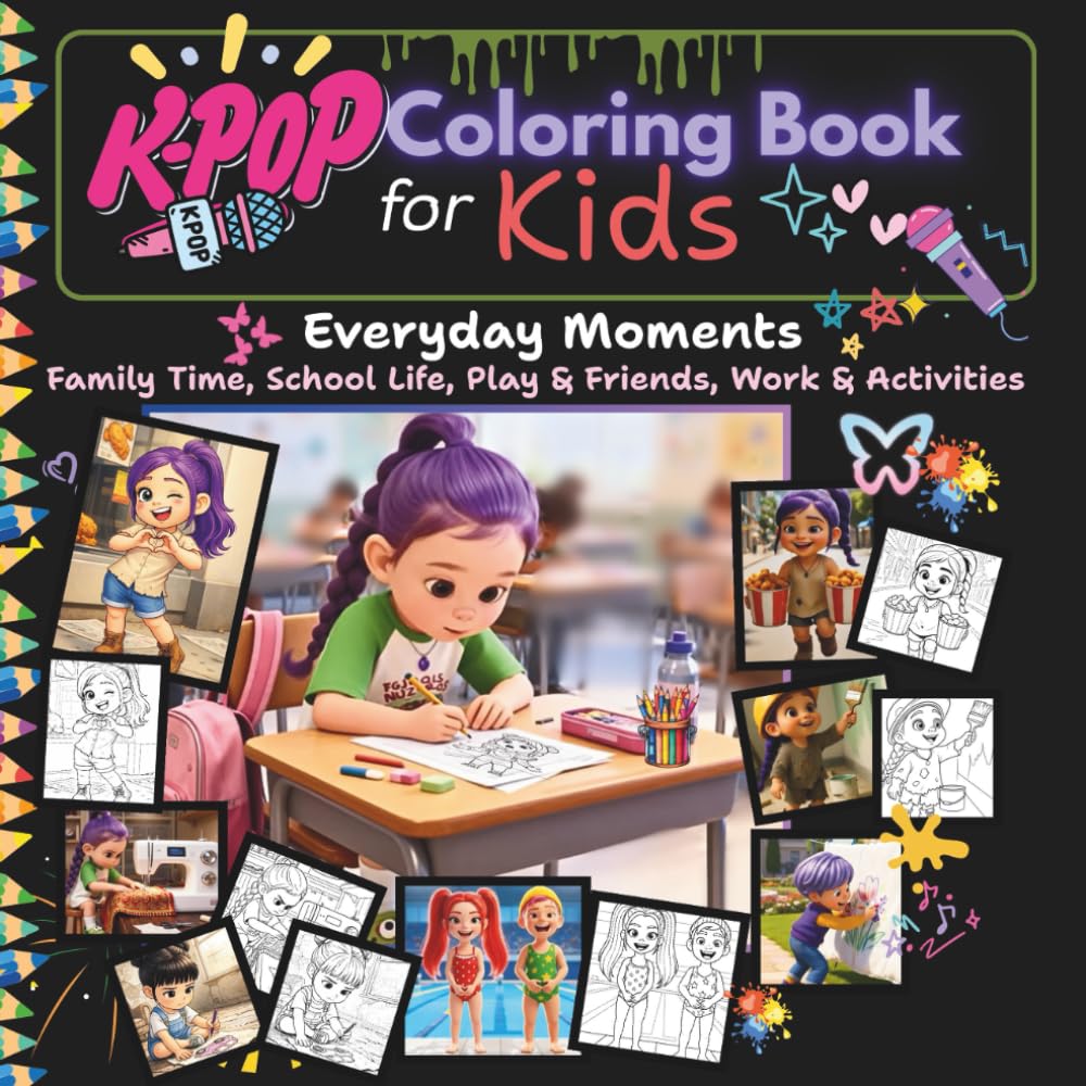 Kpop Coloring book kids: Everyday Moments of young kpop fans, at School, with friends, doing Home Chores baixar livro de graça