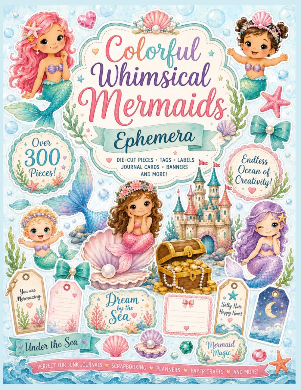 ler totalmente Colorful Whimsical Mermaids Ephemera: 40 Bright Mermaid Cut-Out Pages with Seashells, Ocean Treasures, Tags, Labels & Sea-Themed Paper Pieces for Junk Journals, Scrapbooks and Mixed Media Crafts