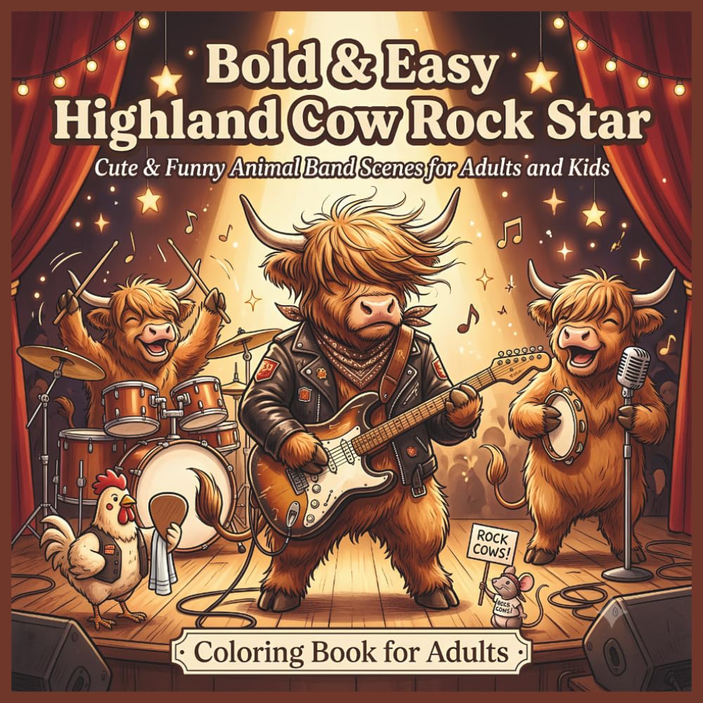 capítulo por capítulo baixar Bold & Easy Highland Cow Rock Star Coloring Book: Cute & Funny Animal Band Scenes for Adults and Kids: Simple & Cute Fluffy Cow Coloring Pages with... for Stress Relief, Relaxation, and Laughter
