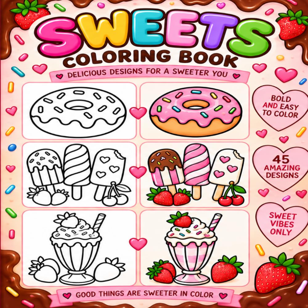 Sweets Coloring Book: Bold and Easy Cute Dessert Coloring Book with Donuts, Ice Cream, Cupcakes & Treats for Relaxation, Adults, Teens, and Kids baixar livro de graça