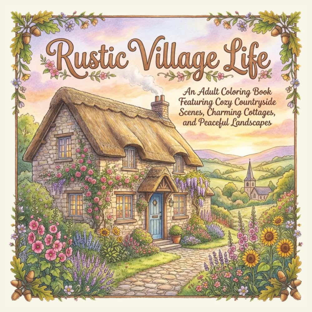 ler totalmente Rustic Village Life: An Adult Coloring Book Featuring Cozy Countryside Scenes, Charming Cottages, and Peaceful Landscapes