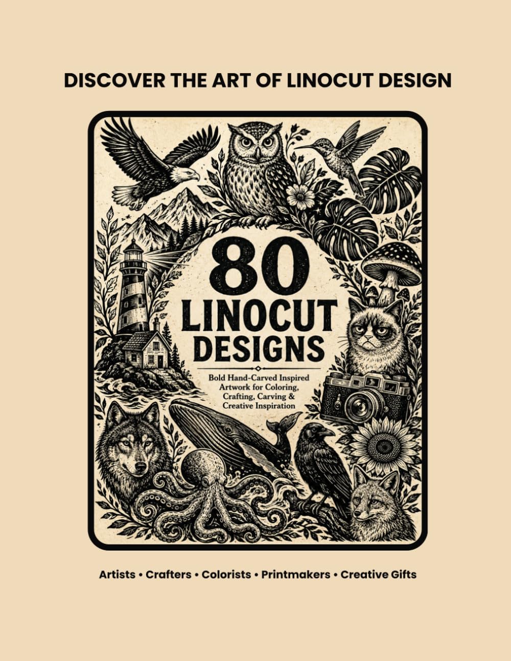 ler totalmente 80 Linocut and woodcut Designs: Bold Hand-Carved Inspired Artwork for Coloring, Crafting, Carving & Creative Inspiration
