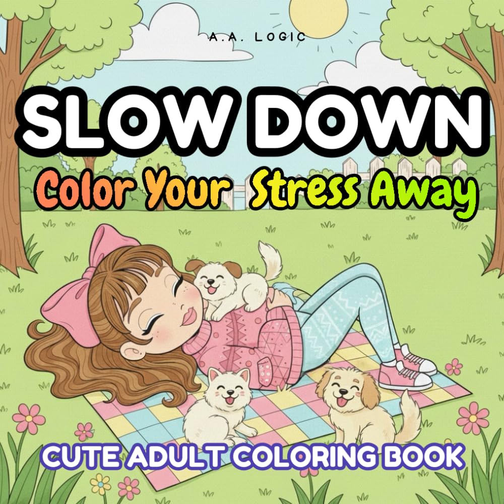 ler totalmente slow down: coloring book for adults, cute girls, flowers, all ages; teens-kids-women, 40 pages