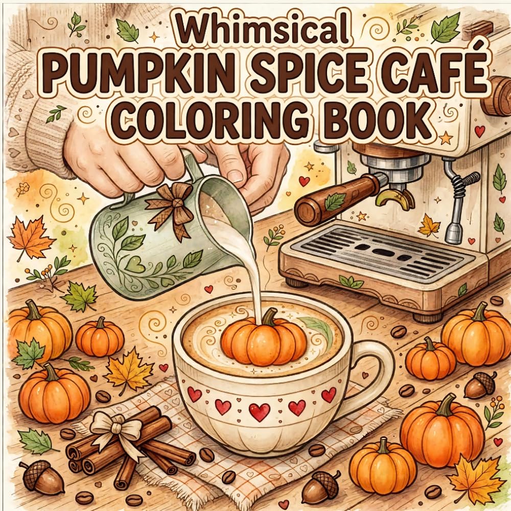Whimsical Pumpkin Spice Café Coloring Book: 65 Cozy Autumn Coffee Shop Scenes with Fall Treats, Fireplaces, Reading Nooks, Cute Cats and More for Adult Relaxation