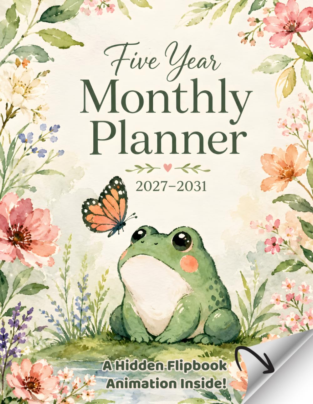 ler totalmente Five Year Monthly Planner 2027–2031: Cozy Watercolor 60 Month Calendar Organizer Two Pages Per Month with Holidays and Cute Flipbook Animation inside for Frog Lovers Large Print 8.5x11