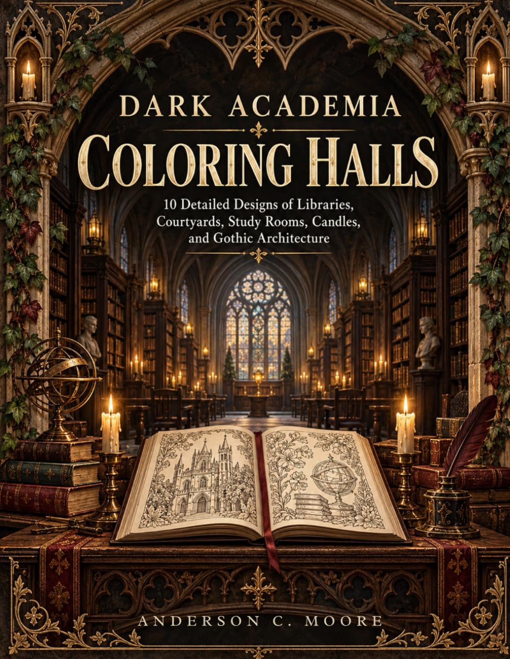 Dark Academia Coloring Halls: 10 Detailed Designs of Libraries, Courtyards, Study Rooms, Candles, and Gothic Architecture baixar o livro de graça