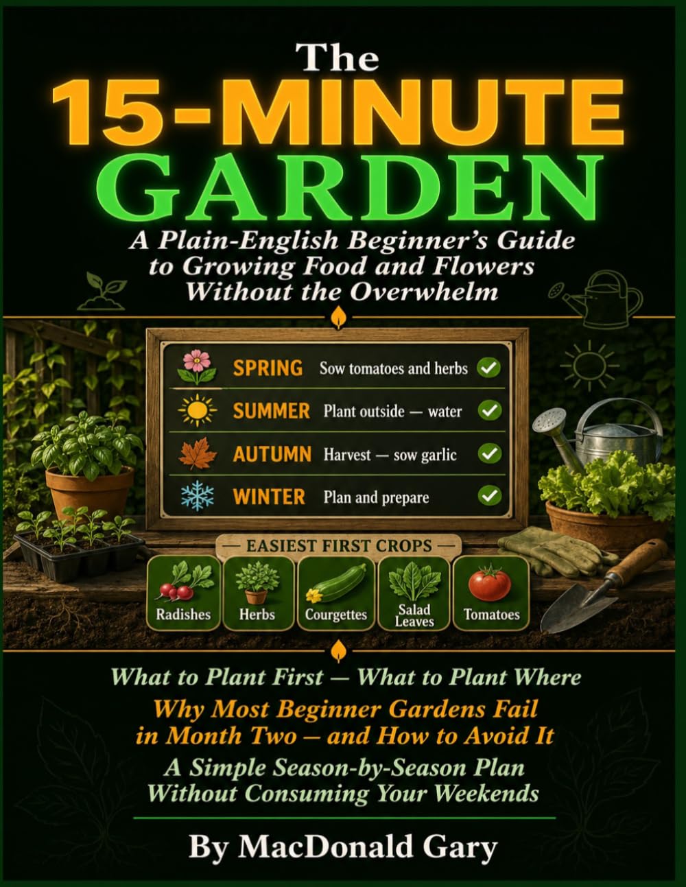 ler totalmente THE 15-MINUTE GARDEN: A Plain-English Beginner's Guide to Growing Food and Flowers Without the Overwhelm. What to Plant First, What to Plant Where, Why Most Beginner Gardens Fail in Month.