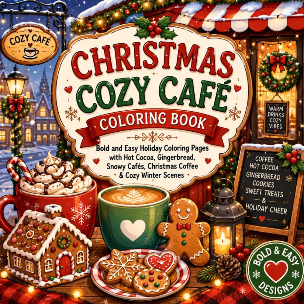 ler totalmente Christmas Coffee Shop Coloring Book: Bold and Easy Holiday Coloring Pages with Cozy Cafés, Hot Cocoa, Gingerbread Cookies, Snowy Coffee Shops,... Scenes (Cozy Coloring Adventures Series)
