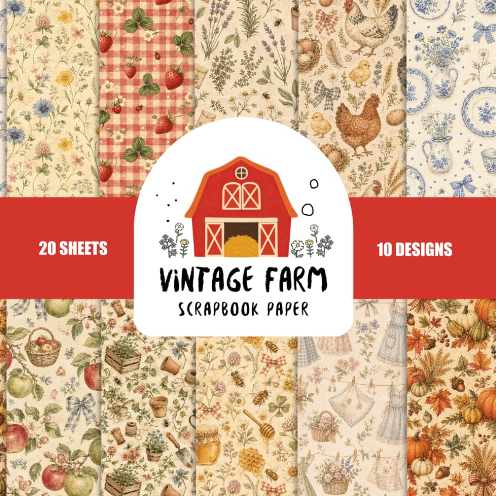 ler totalmente Vintage Farm Scrapbook Paper: 20 Double Sided Sheets with 10 Cottagecore Farmhouse Designs for Journaling, Collage, Card Making, and Paper Crafts
