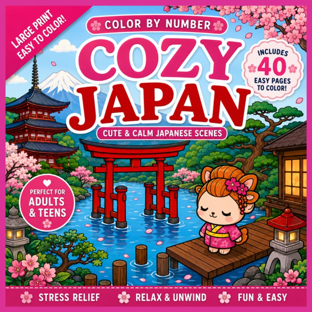 Cozy Japan Color by Number: 40 Kawaii Adventures Featuring Temples, Cherry Blossoms, Hot Springs, Traditional Villages, and Peaceful Cultural Moments for Adults & Teens baixar livro de graça