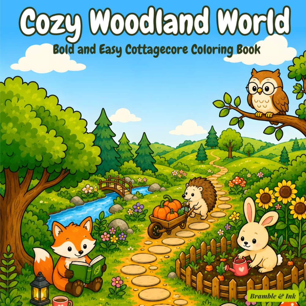 ler totalmente Cozy Woodland World: Bold and Easy Cottagecore Coloring Book: 50 Adorable Forest Animal Designs with Thick Lines for Adults, Teens & Seniors | Stress Relief & Relaxation