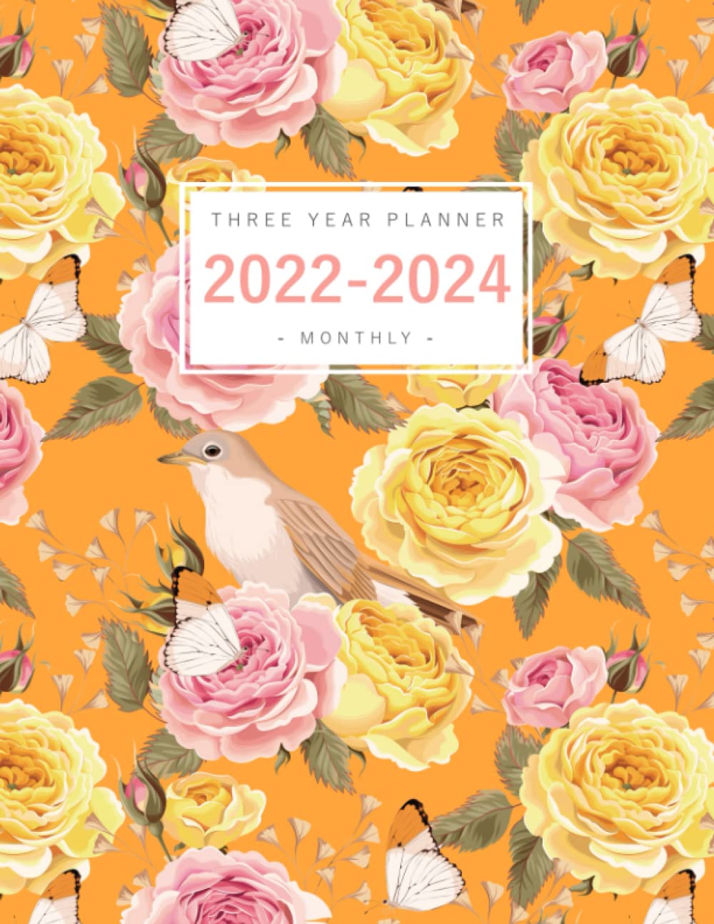 ler totalmente Three Year Planner 2022-2024: 8.5x11 Monthly Notebook Organizer Small | 3 Year Planner - Jan 2022 to Dec 2024 | English Rose Bird Design Orange