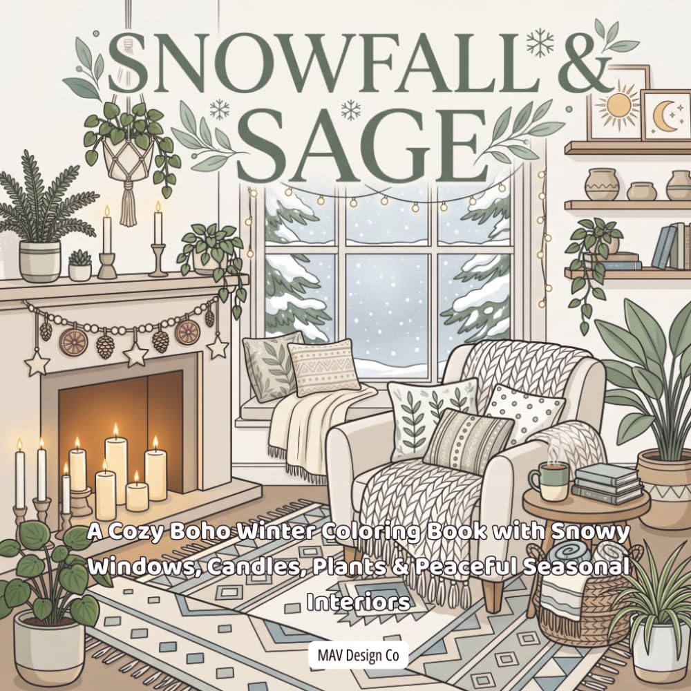 capítulo por capítulo baixar Snowfall & Sage: A Cozy Boho Winter Coloring Book with Snowy Windows, Candles, Plants & Peaceful Seasonal Interiors