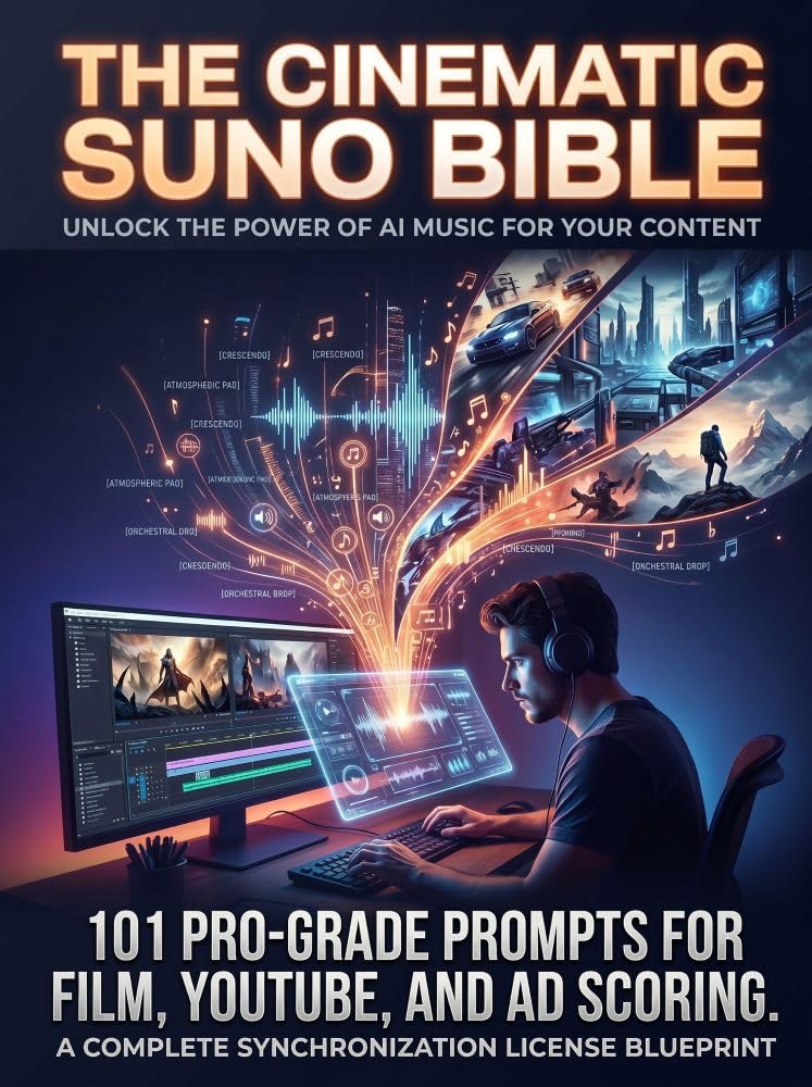 ler totalmente The Cinematic Suno Bible: 101 Pro-Grade Prompts for Film, YouTube, and Ad Scoring: The Complete AI Music Production & Sync Licensing Blueprint for Content Creators and Filmmakers (English Edition)