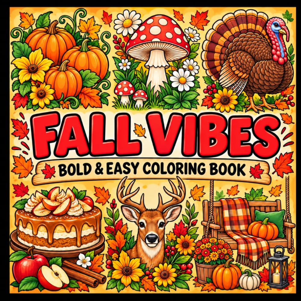 FALL VIBES BOLD AND EASY COLORING BOOK FOR ADULTS, TEENS, AND SENIORS: 45 Cozy Autumn Designs Featuring Traditional Everyday Fall Scenes (Coloring Books by Minkee Muses) baixar o livro de graça