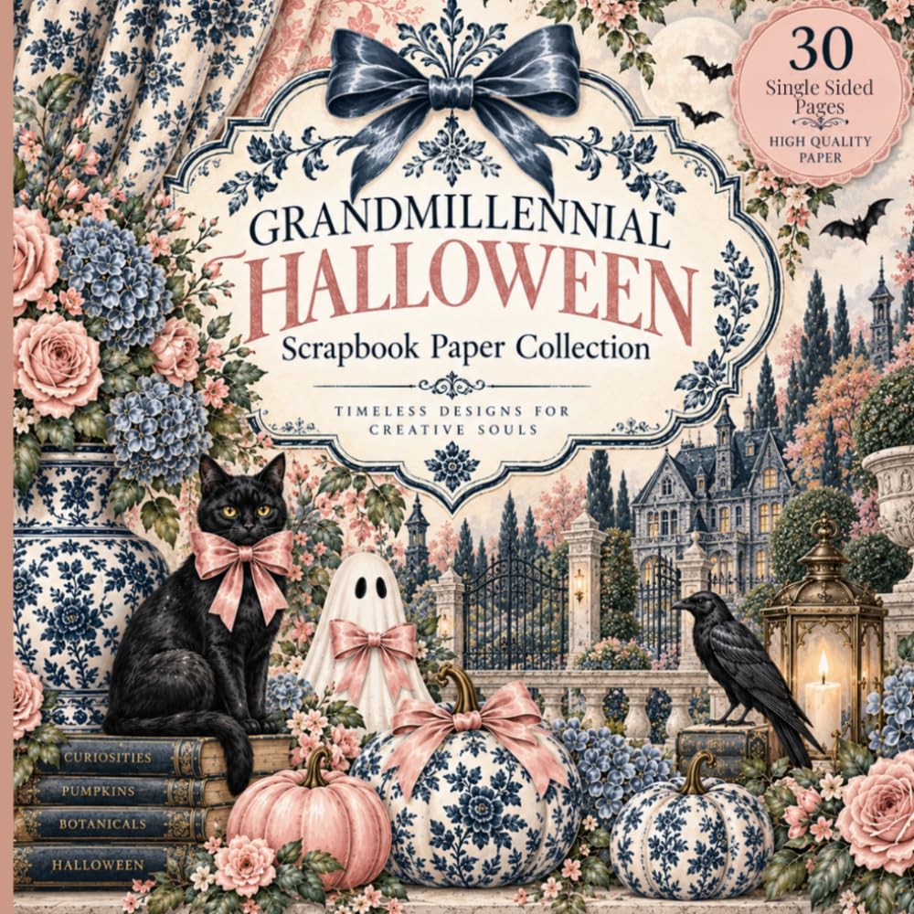 ler totalmente Grand millennial Halloween scrapbook Paper Collection: Elegant Chinoiserie Halloween Scrapbook Paper with Ghosts, Black Cats, Pumpkins, Hydrangeas &... for Junk Journals, Card Making and Crafts