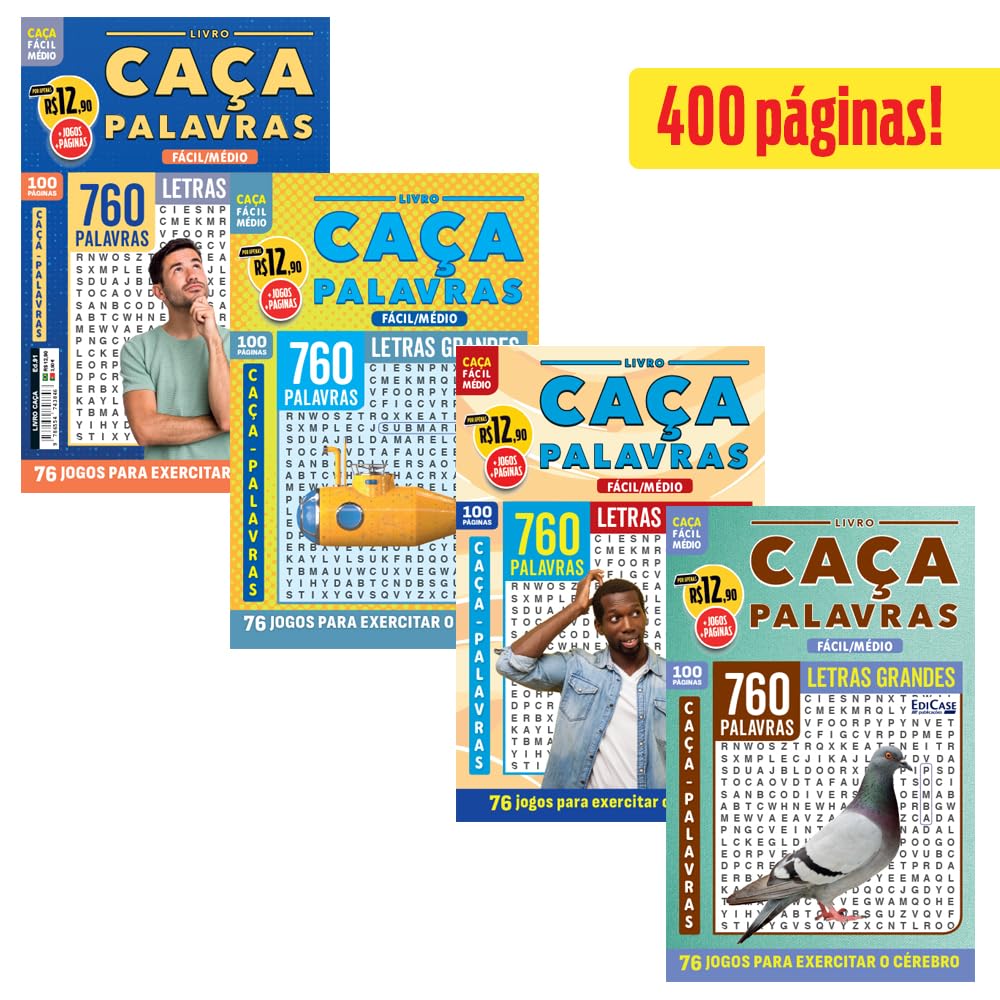 Kit 4 Livros Caça-Palavras ed.02 - Fácil/Médio - 83,85,91 e 95: 400 páginas e 304 jogos para exercitar o cérebro