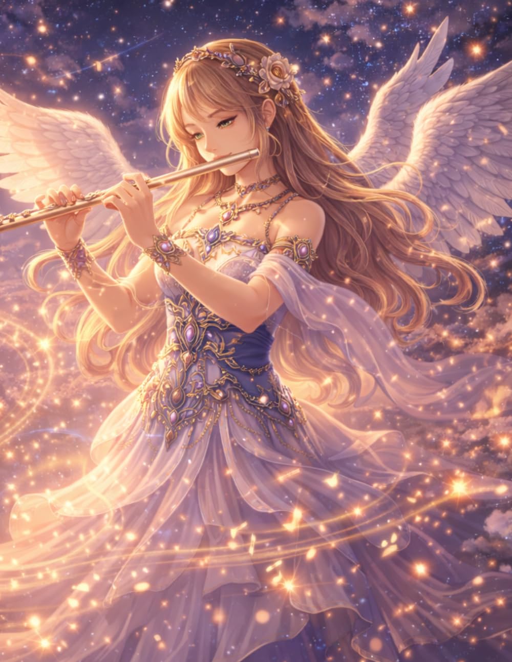 ler totalmente Sheet Music Book – Angel Flutist in a Celestial Sky: Blank Manuscript Paper with 12 Staves Per Page for Composition, Songwriting, Lessons, Practice, Notation and Creative Ideas | 100 Pages | 8.5 x 11