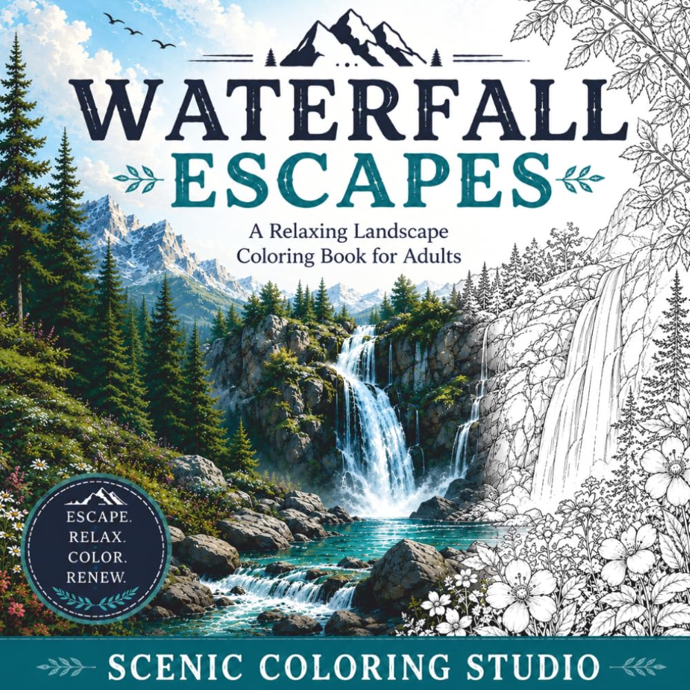 WATERFALL ESCAPES: A Relaxing Landscape Coloring Book for Adults Stunning Waterfalls, Peaceful Streams & Nature Hideaways baixar o livro de graça