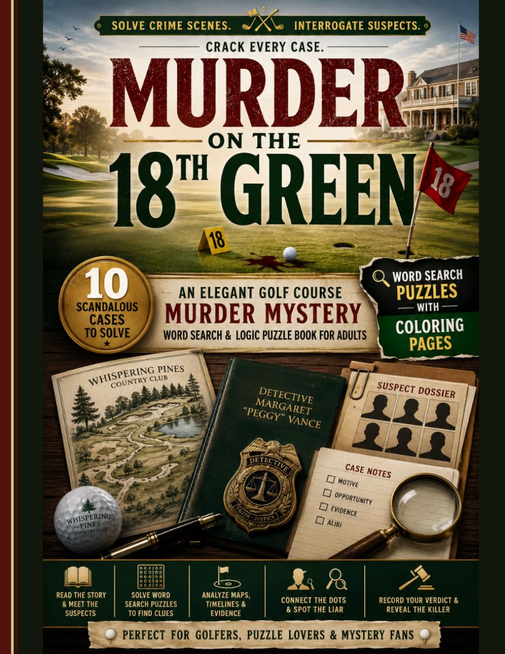 ler totalmente Murder on the 18th Green: A Golf Course Murder Mystery Word Search & Logic Puzzle Book for Adults: Solve Crime Scenes, Find Hidden Clues, Interrogate Suspects & Crack Every Case