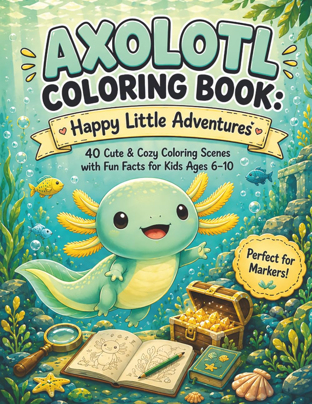 ler totalmente Axolotl Coloring Book: Happy Little Adventures: 40 Cute & Cozy Coloring Scenes with Fun Facts for Kids Ages 6–10