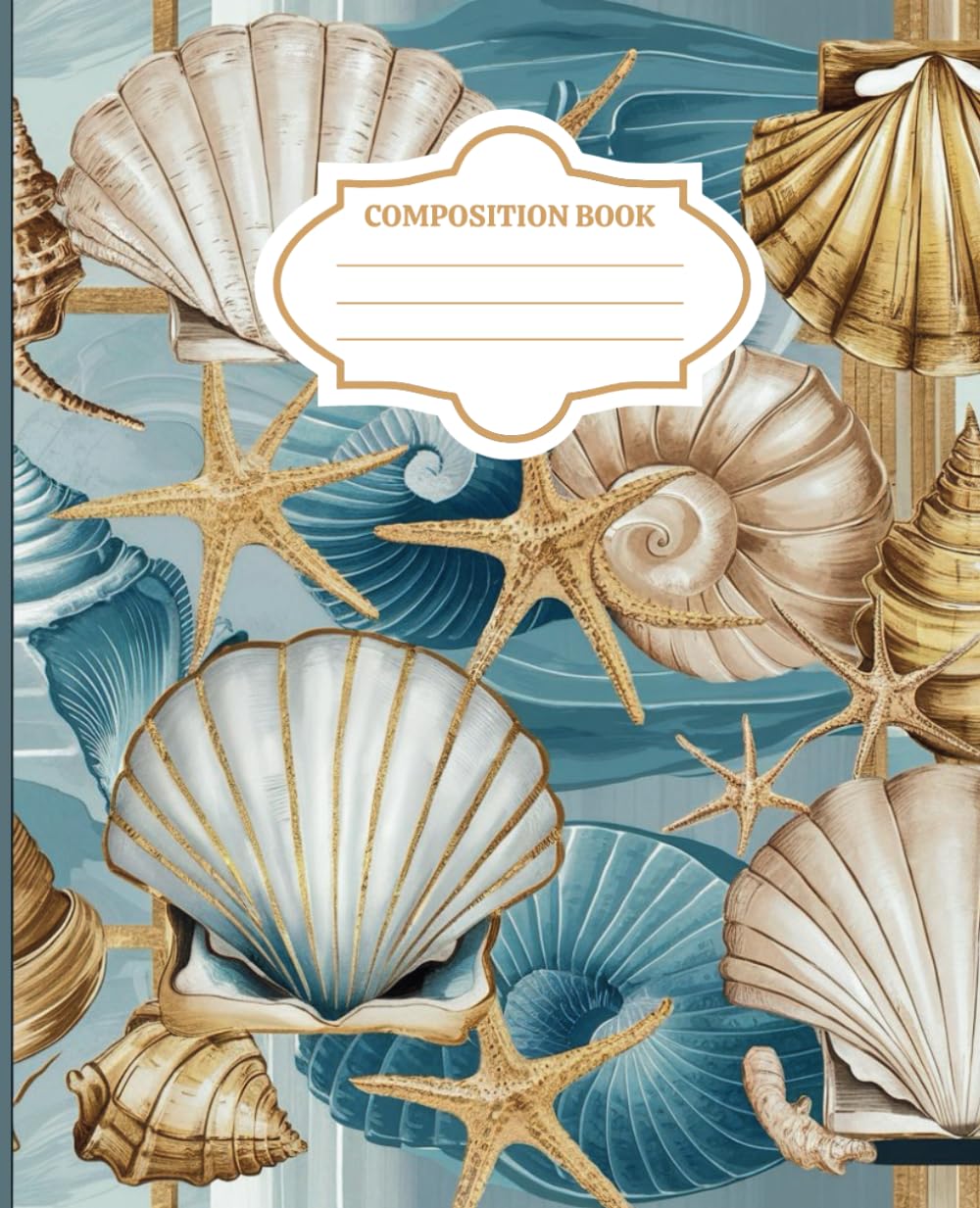 Elegan And Aestetic Composition Notebook: Gold and Blue Seashell Journal, Preppy Coastal Vibes - Stylish Wide Ruled Notebook Ideal for School & College